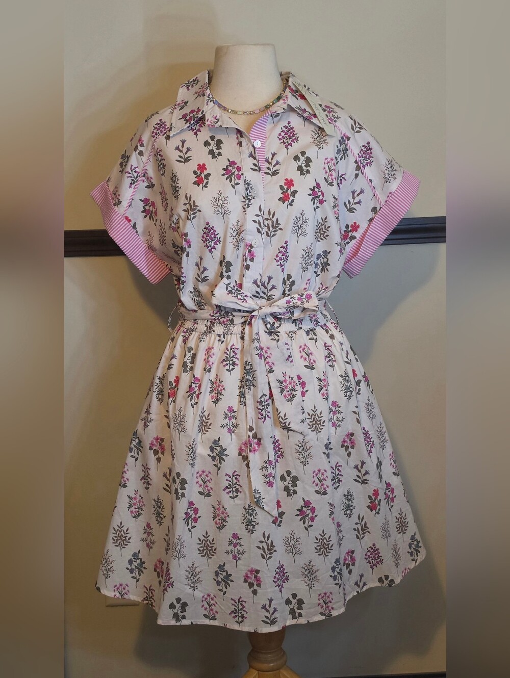 She + Sky White Floral Shirtwaist Dress with Pink Accents
